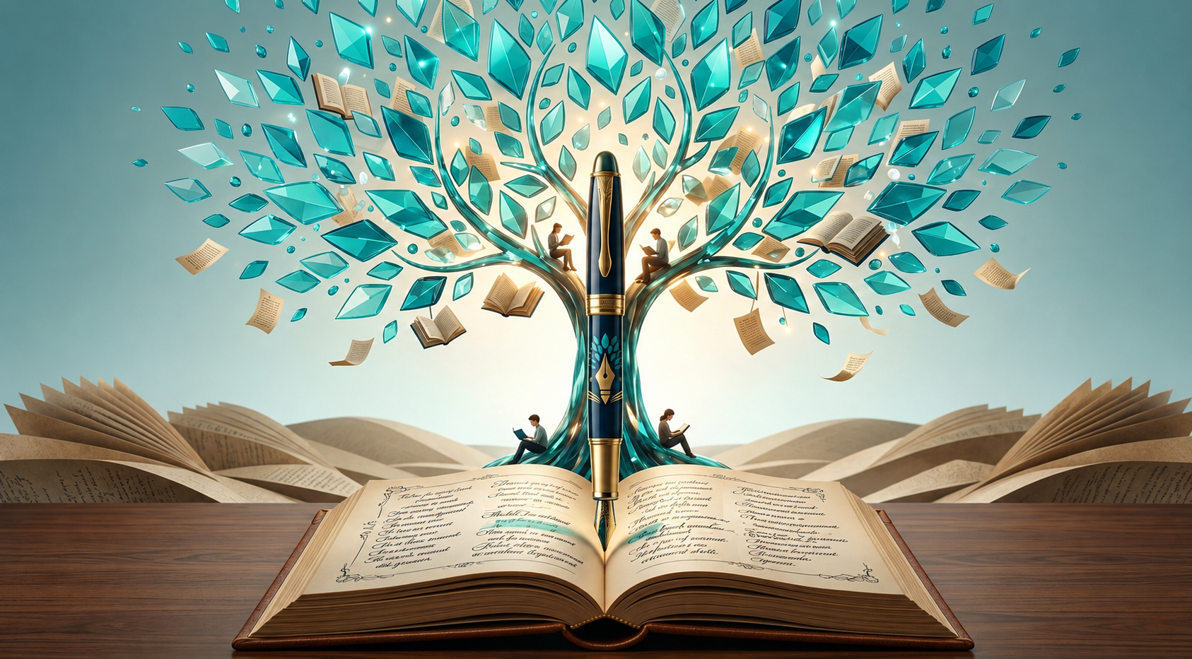 Logo Writing Giant International. Image contains pen and trees leaves with open book and nib of pen is gold in colour. students sitting near tree that show case they ae nurtured by author Sabeena