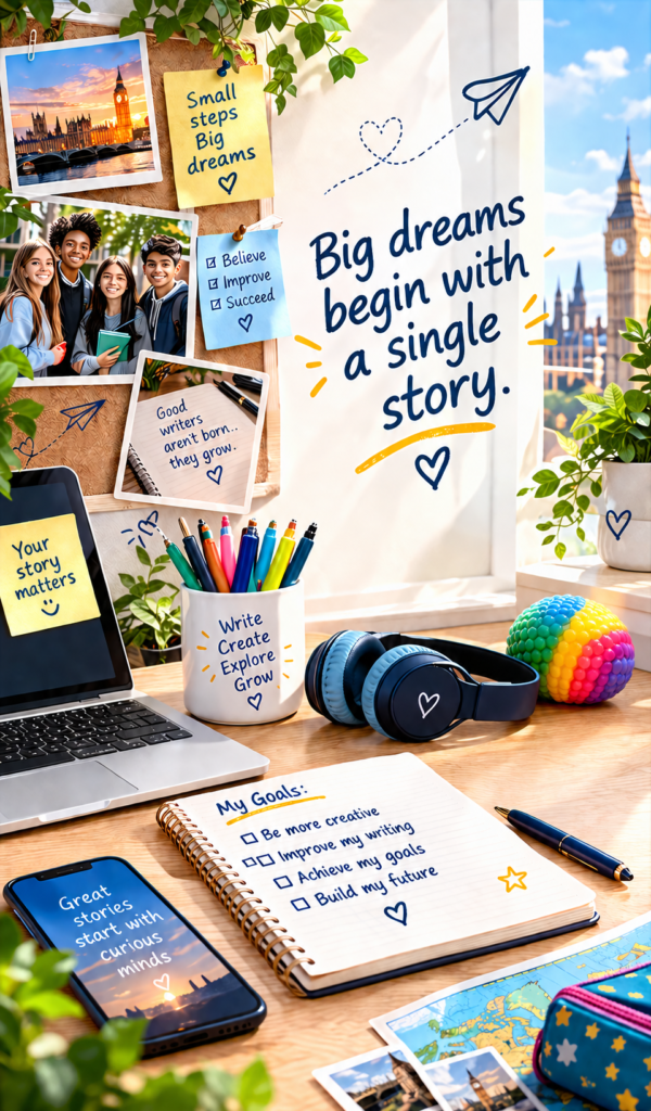our story. shows dreams of young writer and achievements and confidence in writing